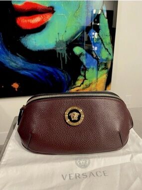 Versace Belt Bag Grainy Calf  Garnet/gold 1002884 $1200 Retail Authentic